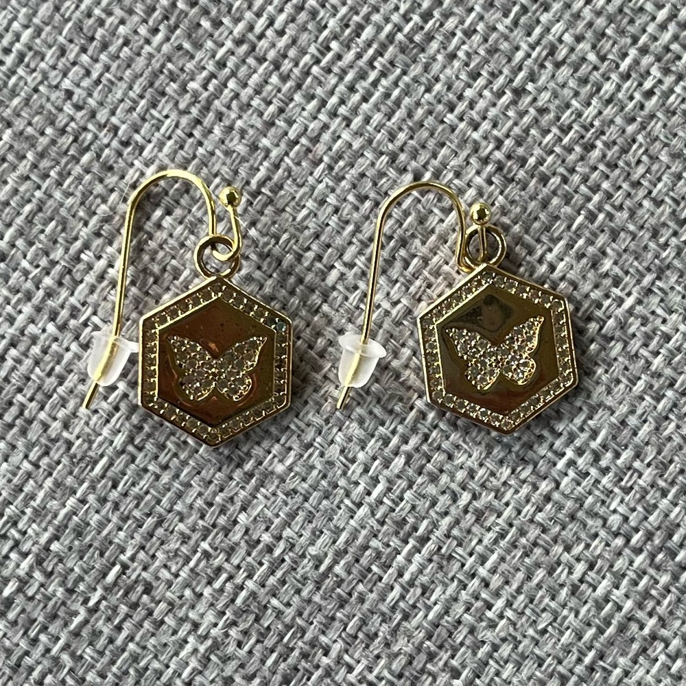Gold Hexagon Butterfly Earrings with Crystal Accents | Butterfly Dangle Jewelry - Picture 2 of 3